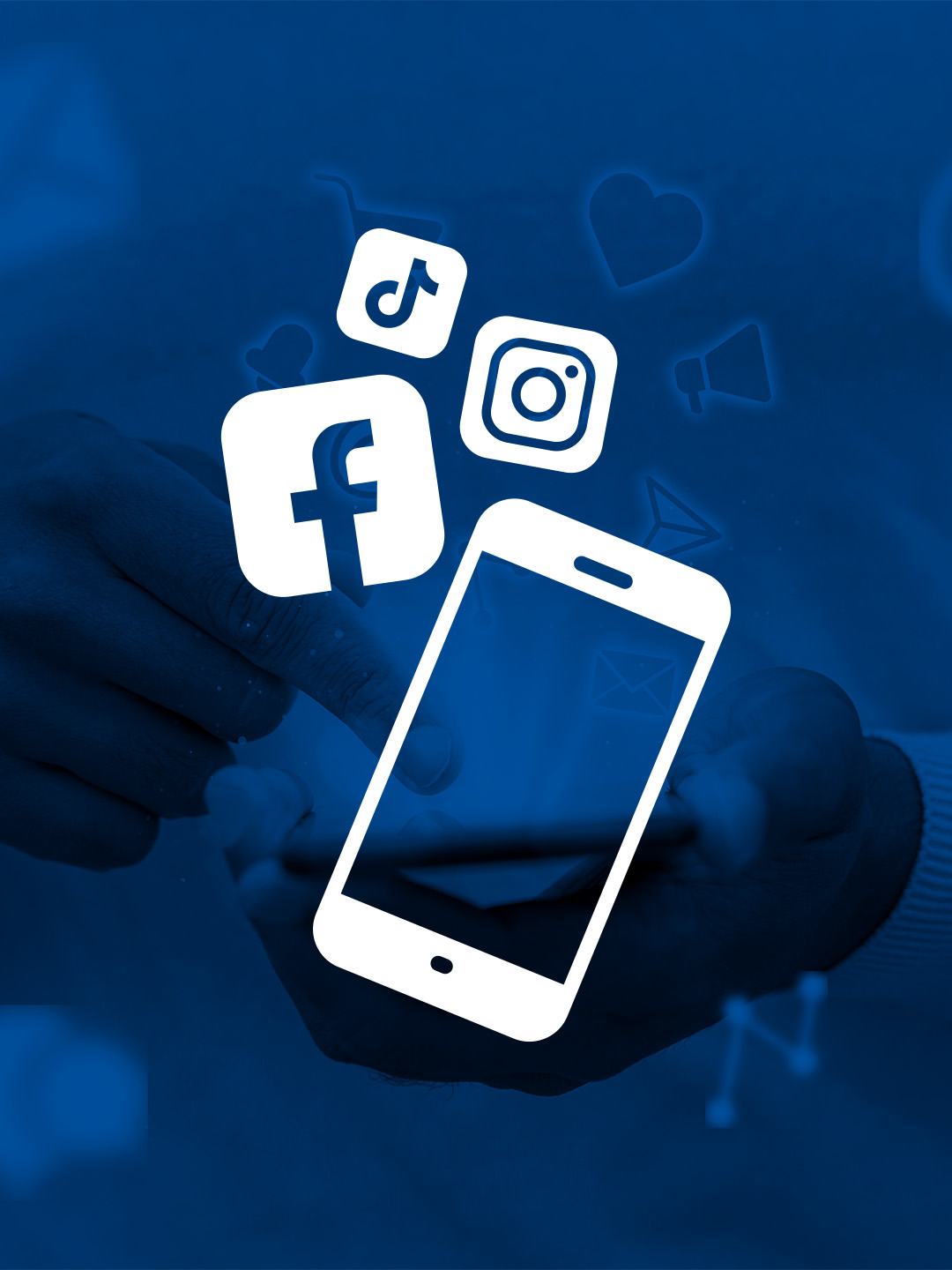 Social media icons over a cell phone representing social media marketing and management